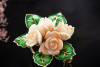 Vintage Brosche Koralle Rosen Emaille Blätter Blumengruß in Gelbgold 750 