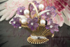 Alte Brosche / Nadel Blumenkorb mit Amethyst Perlen & Brillanten 585er Gelbgold 