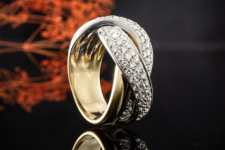Dreireihiger Bicolor Ring mit feurigen Diamanten 750er Gelbgold Weißgold