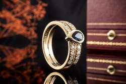 Cartier Paris Ring mit Saphir Tropfen und Diamanten in Gelbgold 750 OVP