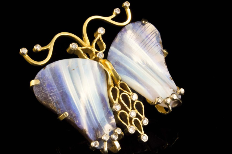 Schmetterling Brosche mit Opal 40 & Diamanten 585 Gold  