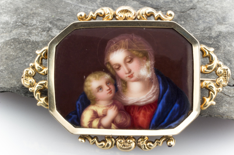 Maria & Jesuskind Brosche Nadel mit Lupenmalerei in 585 Gold  