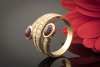 Rubin Ring 2 Rubine im Cabochon Schliff mit Diamanten in 750er Gelbgold 