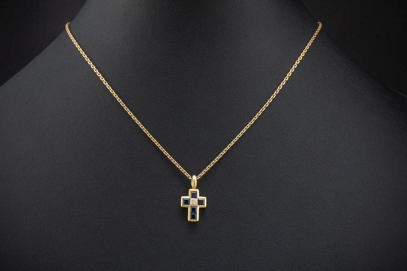 Van Cleef & Arpels Kreuz Anhänger in 750er Gold mit Saphiren und Brillanten 