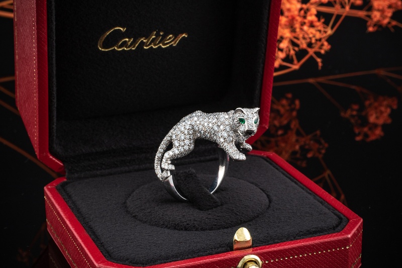 Cartier Panther Ring mit Diamanten Smaragd Onyx in 750er Weißgold OVP 56 