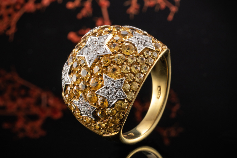 Ring mit Citrin Sternenhimmel u Diamant Sternen in 750er Gelbgold Arbeit 