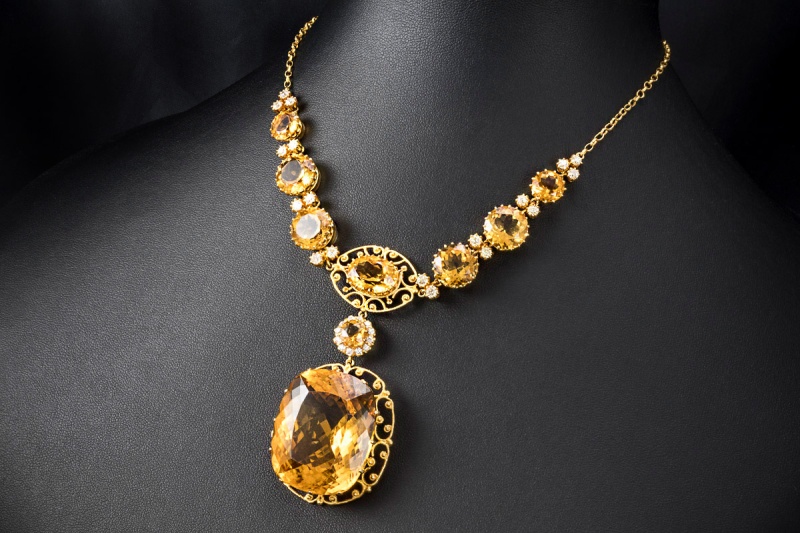 Prunkvolles Gala Collier mit Citrin und Diamanten in Gelbgold 750 Arbeit 