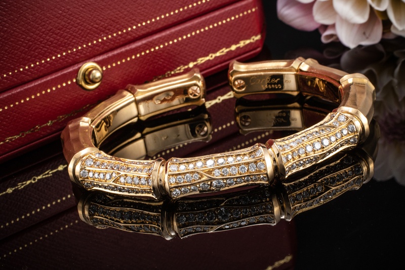 Cartier Bamboo Armreif Bracelet mit 3 x Brillanten Armspange in Gold 750 