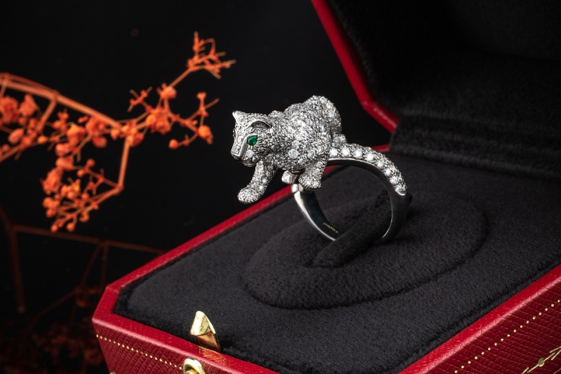 Cartier Panther Ring mit Diamanten Smaragd Onyx in 750er Weißgold OVP 56 