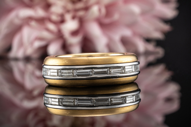 Memoire Baguette Ring Drehring mit Baguette Diamanten 750er Gold Bicolor 