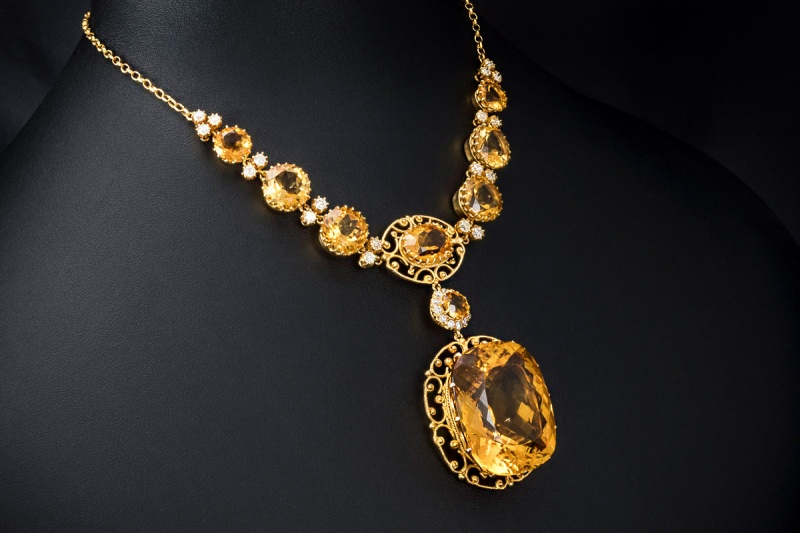 Prunkvolles Gala Collier mit Citrin und Diamanten in Gelbgold 750 Arbeit 