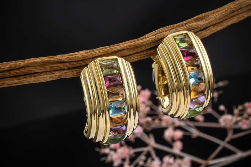 Armband und Ohrringe Ohrclips im Regenbogen Design Set in 750er Gelbgold 