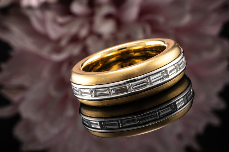 Memoire Baguette Ring Drehring mit Baguette Diamanten 750er Gold Bicolor 