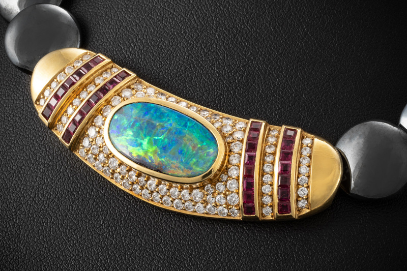 Hämatit Collier Kette Boulder Matrix Opal Diamanten Rubin 750er Gelbgold 