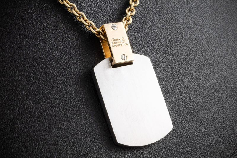 Cartier Santos Anhänger Dog-Tag aus Edelstahl und 750er Gelbgold Rarität 