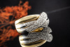 Dreireihiger Bicolor Ring mit feurigen Diamanten 750er Gelbgold Weißgold 