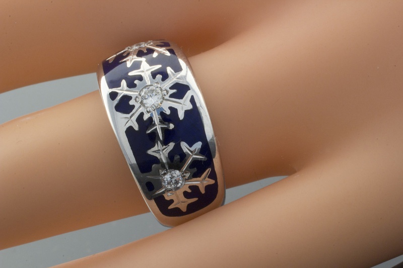 FABERGE Ring Winter Schneeflocke Emaille mit Brillanten in 750er Weißgold LIMITIERT 