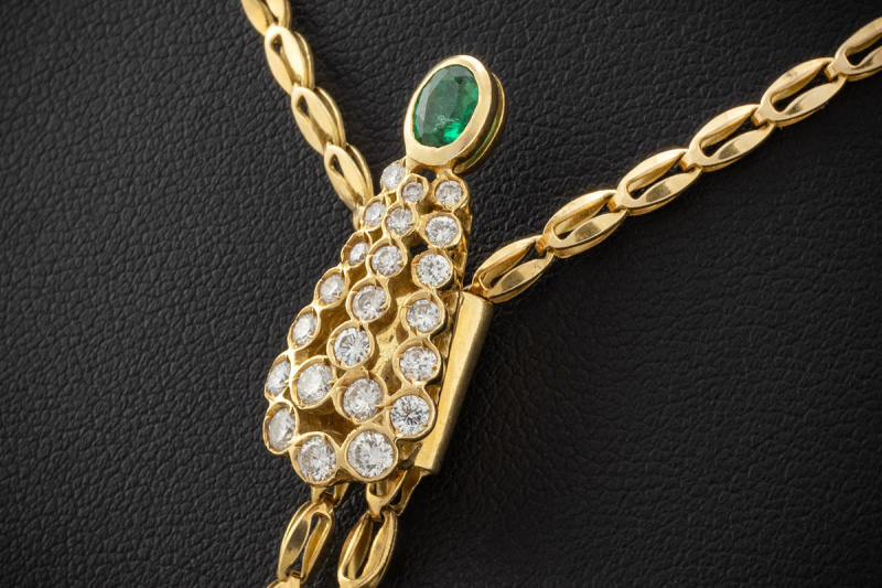 Smaragd Collier Goldschmiedearbeit mit Diamanten Extra lang Gelbgold 750 